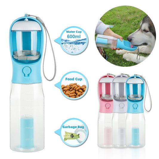 Portable Pet Water Bottle & Feeder - 3-in-1 Travel Dispenser with Waste Bags